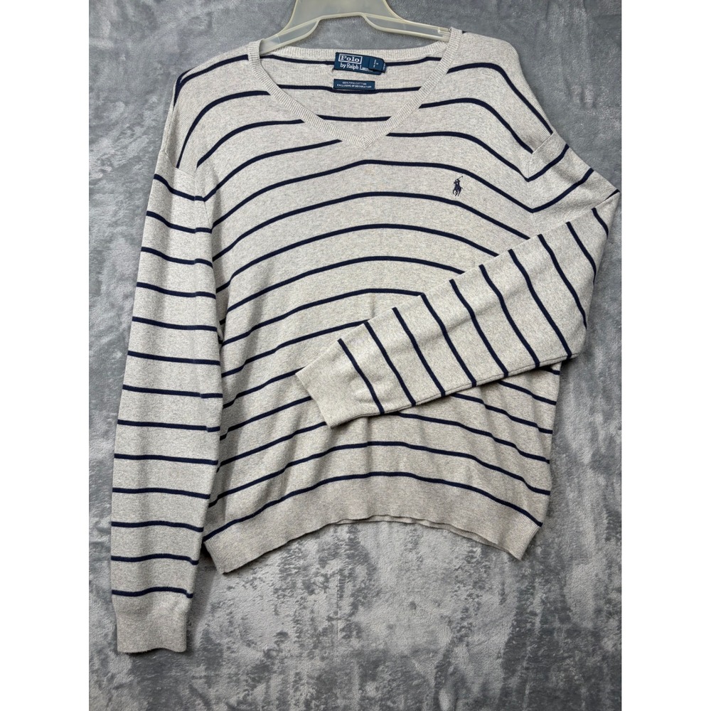 Polo Ralph Lauren Mens Gray Navy Striped Pima Cotton V-Neck Sweater Size M